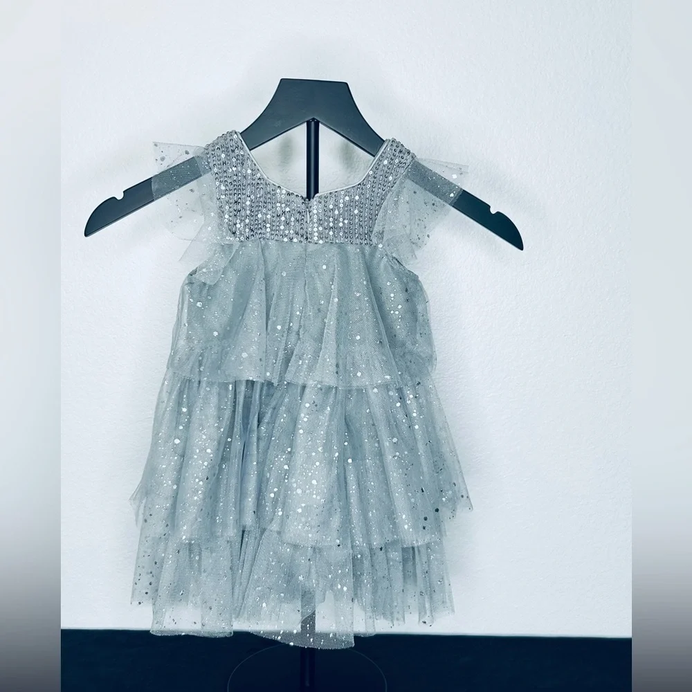 NNJXD Girls' Sparkling Silver Tiered Dress